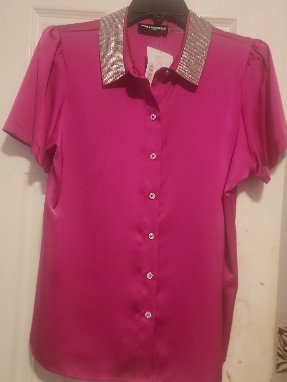 Karl Lagerfeld Fuchsia Short-Sleeve Button-Down Blouse with Crystal Collar